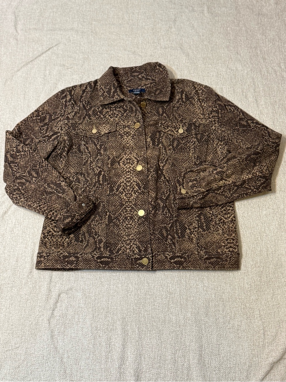 CHAPS Womens XL Snake Print Denim Jacket Brown Y2K Mob Wife Western Trucker